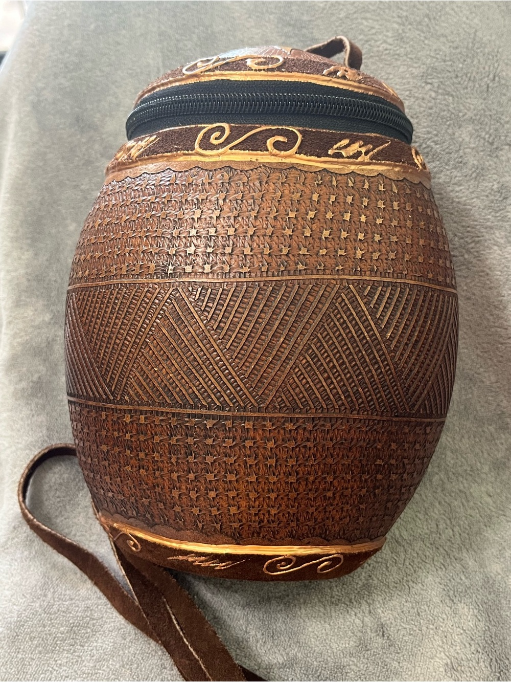Handcrafted leather wrapped gourd purse hand- carved and pyrography decorated